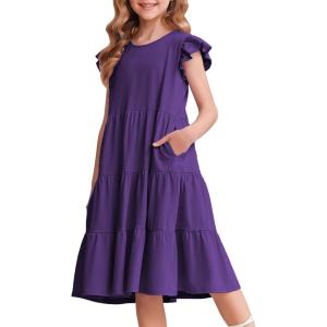 Arshiner Girl’s Summer Dresses Ruffle Sleeve Tiered Swing Midi Casual Sundress with Pockets(Purple)