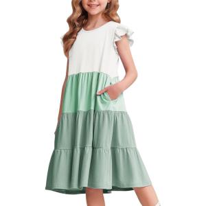 Arshiner Girl’s Summer Dresses Ruffle Sleeve Tiered Swing Midi Casual Sundress with Pockets(White & Green)