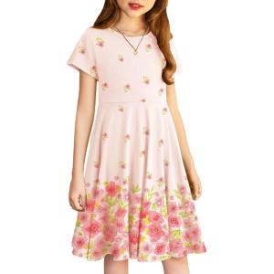 Arshiner Girl’s Summer Dresses Short Sleeve Casual Holiday Skater Twirl Dress with Pockets(Floral Pink)