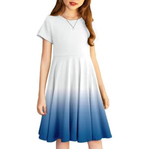 Arshiner Girl’s Summer Dresses Short Sleeve Casual Holiday Skater Twirl Dress with Pockets(Gradient Blue)