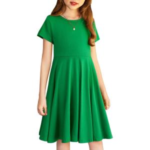 Arshiner Girl’s Summer Dresses Short Sleeve Casual Holiday Skater Twirl Dress with Pockets(Green)