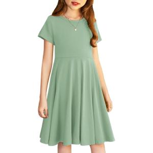 Arshiner Girl’s Summer Dresses Short Sleeve Casual Holiday Skater Twirl Dress with Pockets(Ice Green)