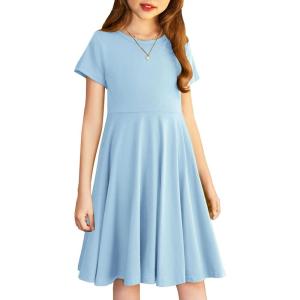 Arshiner Girl’s Summer Dresses Short Sleeve Casual Holiday Skater Twirl Dress with Pockets(Light Blue)