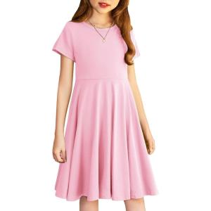 Arshiner Girl’s Summer Dresses Short Sleeve Casual Holiday Skater Twirl Dress with Pockets(Pink)