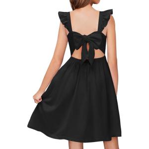 Arshiner Girls Summer Dresses Square Neck Ruffle Sleeve Tie Back A-Line Swing Casual Midi Dress with Pockets(Black)