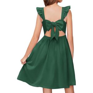 Arshiner Girls Summer Dresses Square Neck Ruffle Sleeve Tie Back A-Line Swing Casual Midi Dress with Pockets(Dark Green)