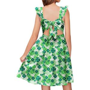 Arshiner Girls Summer Dresses Square Neck Ruffle Sleeve Tie Back A-Line Swing Casual Midi Dress with Pockets(Green Floral)