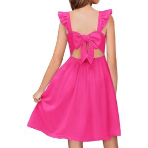 Arshiner Girls Summer Dresses Square Neck Ruffle Sleeve Tie Back A-Line Swing Casual Midi Dress with Pockets(Hot Pink)