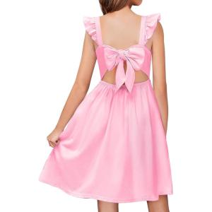 Arshiner Girls Summer Dresses Square Neck Ruffle Sleeve Tie Back A-Line Swing Casual Midi Dress with Pockets(Misty Pink)