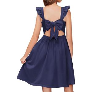 Arshiner Girls Summer Dresses Square Neck Ruffle Sleeve Tie Back A-Line Swing Casual Midi Dress with Pockets(Navy)