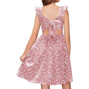 Arshiner Girls Summer Dresses Square Neck Ruffle Sleeve Tie Back A-Line Swing Casual Midi Dress with Pockets(Pink Floral)