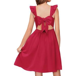 Arshiner Girls Summer Dresses Square Neck Ruffle Sleeve Tie Back A-Line Swing Casual Midi Dress with Pockets(Red)