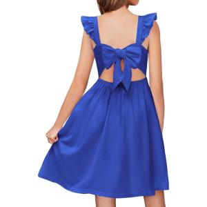 Arshiner Girls Summer Dresses Square Neck Ruffle Sleeve Tie Back A-Line Swing Casual Midi Dress with Pockets(Royal Blue)