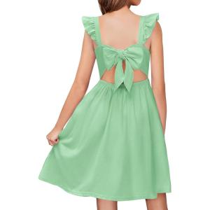 Arshiner Girls Summer Dresses Square Neck Ruffle Sleeve Tie Back A-Line Swing Casual Midi Dress with Pockets(Sage Green)