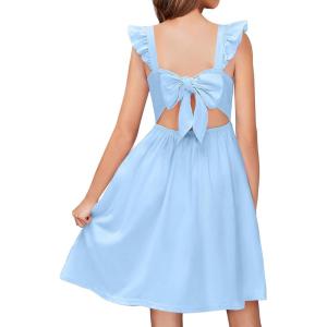 Arshiner Girls Summer Dresses Square Neck Ruffle Sleeve Tie Back A-Line Swing Casual Midi Dress with Pockets(Sky Blue)