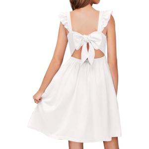 Arshiner Girls Summer Dresses Square Neck Ruffle Sleeve Tie Back A-Line Swing Casual Midi Dress with Pockets(White)