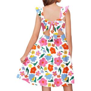 Arshiner Girls Summer Dresses Square Neck Ruffle Sleeve Tie Back A-Line Swing Casual Midi Dress with Pockets(White Floral)