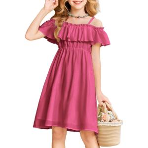 Arshiner Girls Summer Floral Ruffle Sundress Cold Shoulder Casual Holiday Dresses(Hot Pink)