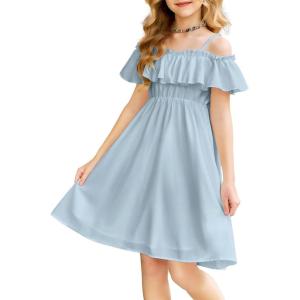 Arshiner Girls Summer Floral Ruffle Sundress Cold Shoulder Casual Holiday Dresses(Light Blue)