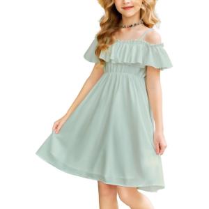 Arshiner Girls Summer Floral Ruffle Sundress Cold Shoulder Casual Holiday Dresses(Light Green)
