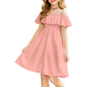 Arshiner Girls Summer Floral Ruffle Sundress Cold Shoulder Casual Holiday Dresses(Light Pink)