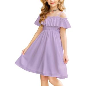 Arshiner Girls Summer Floral Ruffle Sundress Cold Shoulder Casual Holiday Dresses(Lilac)