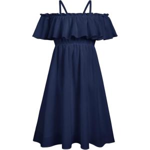 Arshiner Girls Summer Floral Ruffle Sundress Cold Shoulder Casual Holiday Dresses(Navy Blue)