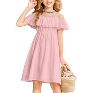 Arshiner Girls Summer Floral Ruffle Sundress Cold Shoulder Casual Holiday Dresses(Pink)