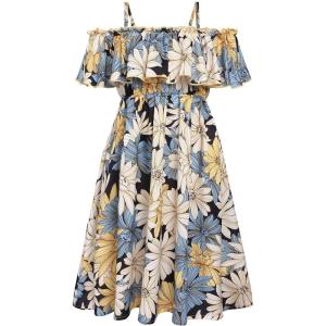 Arshiner Girls Summer Floral Ruffle Sundress Cold Shoulder Casual Holiday Dresses(Yellow & Blue Floral)