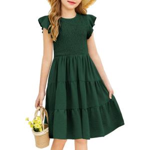 Arshiner Girls Summer Flutter Short Sleeve Sundress Smocked Elastic Waist Tiered Midi Dress with Pockets(Dark Green)