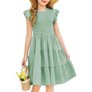 Arshiner Girls Summer Flutter Short Sleeve Sundress Smocked Elastic Waist Tiered Midi Dress with Pockets(Sage Green)