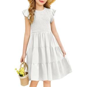 Arshiner Girls Summer Flutter Short Sleeve Sundress Smocked Elastic Waist Tiered Midi Dress with Pockets(White)