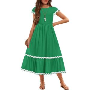 Arshiner Girls Summer Maxi Dresses Short Sleeve Casual Flowy Tiered Dress with Pockets for 4-14 Years(Green)