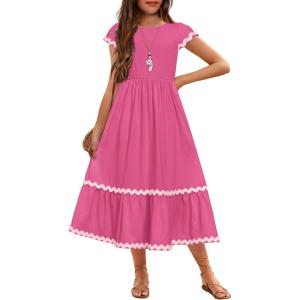Arshiner Girls Summer Maxi Dresses Short Sleeve Casual Flowy Tiered Dress with Pockets for 4-14 Years(Hot Pink)