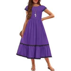 Arshiner Girls Summer Maxi Dresses Short Sleeve Casual Flowy Tiered Dress with Pockets for 4-14 Years(Purple)