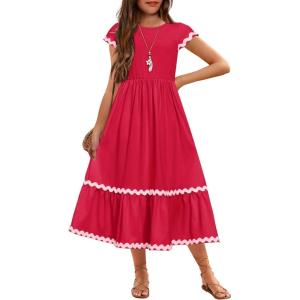 Arshiner Girls Summer Maxi Dresses Short Sleeve Casual Flowy Tiered Dress with Pockets for 4-14 Years(Red)