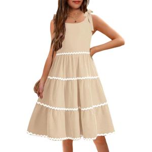 Arshiner Girls Summer Sleeveless Bow-Tie Straps Sundress Flowy Smocked Backless Tiered Lace Swing Midi Dress with Pockets(Champagne)