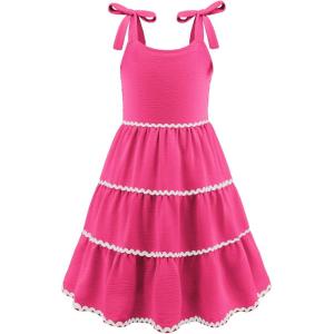 Arshiner Girls Summer Sleeveless Bow-Tie Straps Sundress Flowy Smocked Backless Tiered Lace Swing Midi Dress with Pockets(Hot Pink)