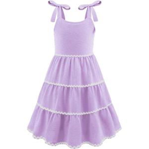 Arshiner Girls Summer Sleeveless Bow-Tie Straps Sundress Flowy Smocked Backless Tiered Lace Swing Midi Dress with Pockets(Lavender)