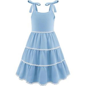 Arshiner Girls Summer Sleeveless Bow-Tie Straps Sundress Flowy Smocked Backless Tiered Lace Swing Midi Dress with Pockets(Light Blue)