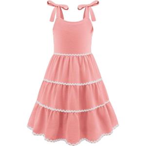 Arshiner Girls Summer Sleeveless Bow-Tie Straps Sundress Flowy Smocked Backless Tiered Lace Swing Midi Dress with Pockets(Orange Pink)