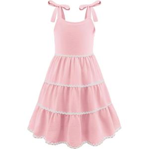 Arshiner Girls Summer Sleeveless Bow-Tie Straps Sundress Flowy Smocked Backless Tiered Lace Swing Midi Dress with Pockets(Pink)