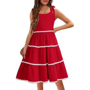 Arshiner Girls Summer Sleeveless Bow-Tie Straps Sundress Flowy Smocked Backless Tiered Lace Swing Midi Dress with Pockets(Red)