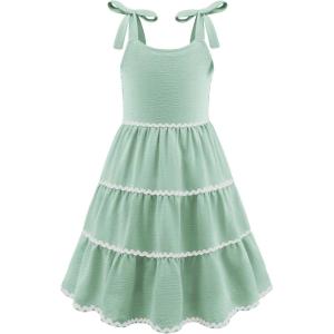 Arshiner Girls Summer Sleeveless Bow-Tie Straps Sundress Flowy Smocked Backless Tiered Lace Swing Midi Dress with Pockets(Sage Green)
