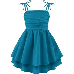 Arshiner Girls Summer Spaghetti Strap Dresses Flowy Tiered Ruched Smocked Back Casual Beach Midi Sundress(Blue)