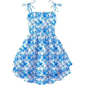 Arshiner Girls Summer Spaghetti Strap Dresses Flowy Tiered Ruched Smocked Back Casual Beach Midi Sundress(Blue Floral)