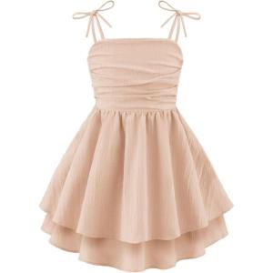 Arshiner Girls Summer Spaghetti Strap Dresses Flowy Tiered Ruched Smocked Back Casual Beach Midi Sundress(Champagne)