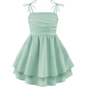 Arshiner Girls Summer Spaghetti Strap Dresses Flowy Tiered Ruched Smocked Back Casual Beach Midi Sundress(Green)