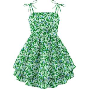Arshiner Girls Summer Spaghetti Strap Dresses Flowy Tiered Ruched Smocked Back Casual Beach Midi Sundress(Green Floral)