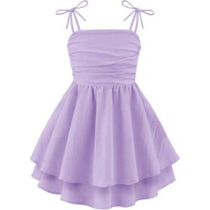 Arshiner Girls Summer Spaghetti Strap Dresses Flowy Tiered Ruched Smocked Back Casual Beach Midi Sundress(Lavender)